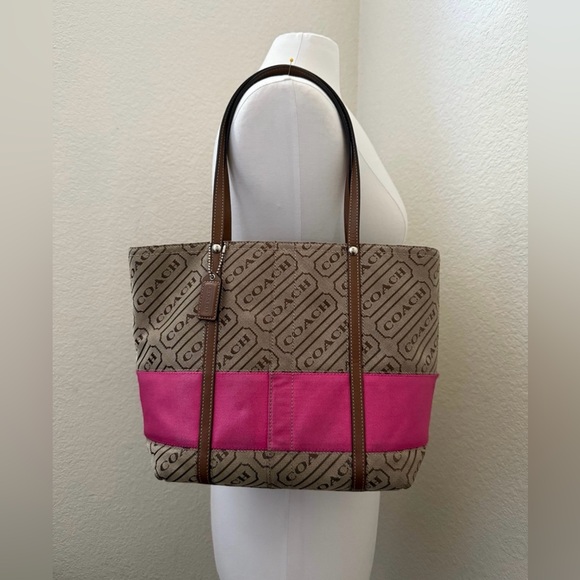Coach Lozenge Brown and Pink Canvas Shoulder Bag - Picture 1 of 10